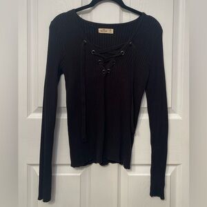 Hollister Black Ribbed V Neck Lace Up Long Sleeve Fitted Sweater Top